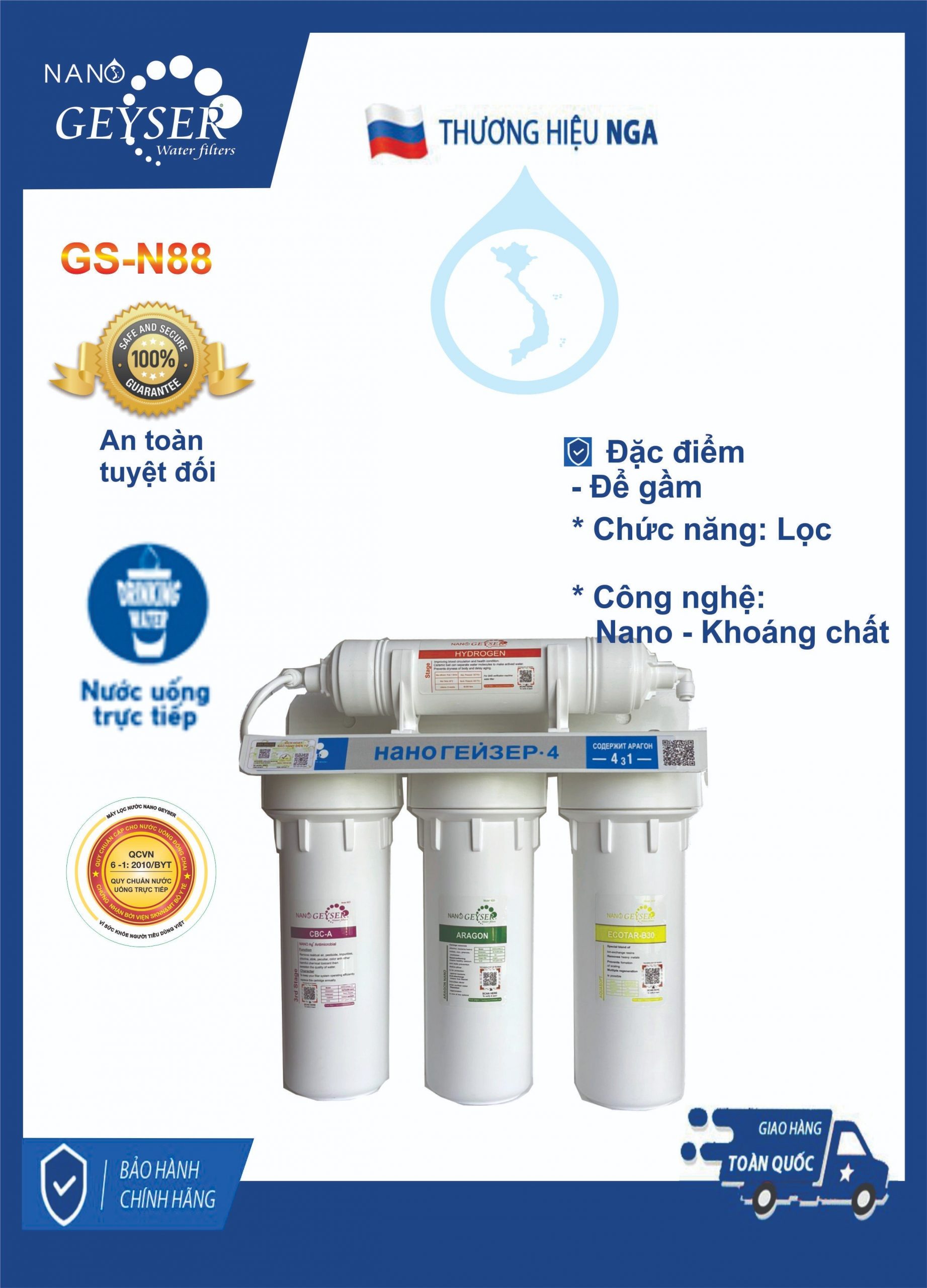 Máy lọc nước Nano Geyser Ion 4 – Không Dùng Điện Không Nước Thải